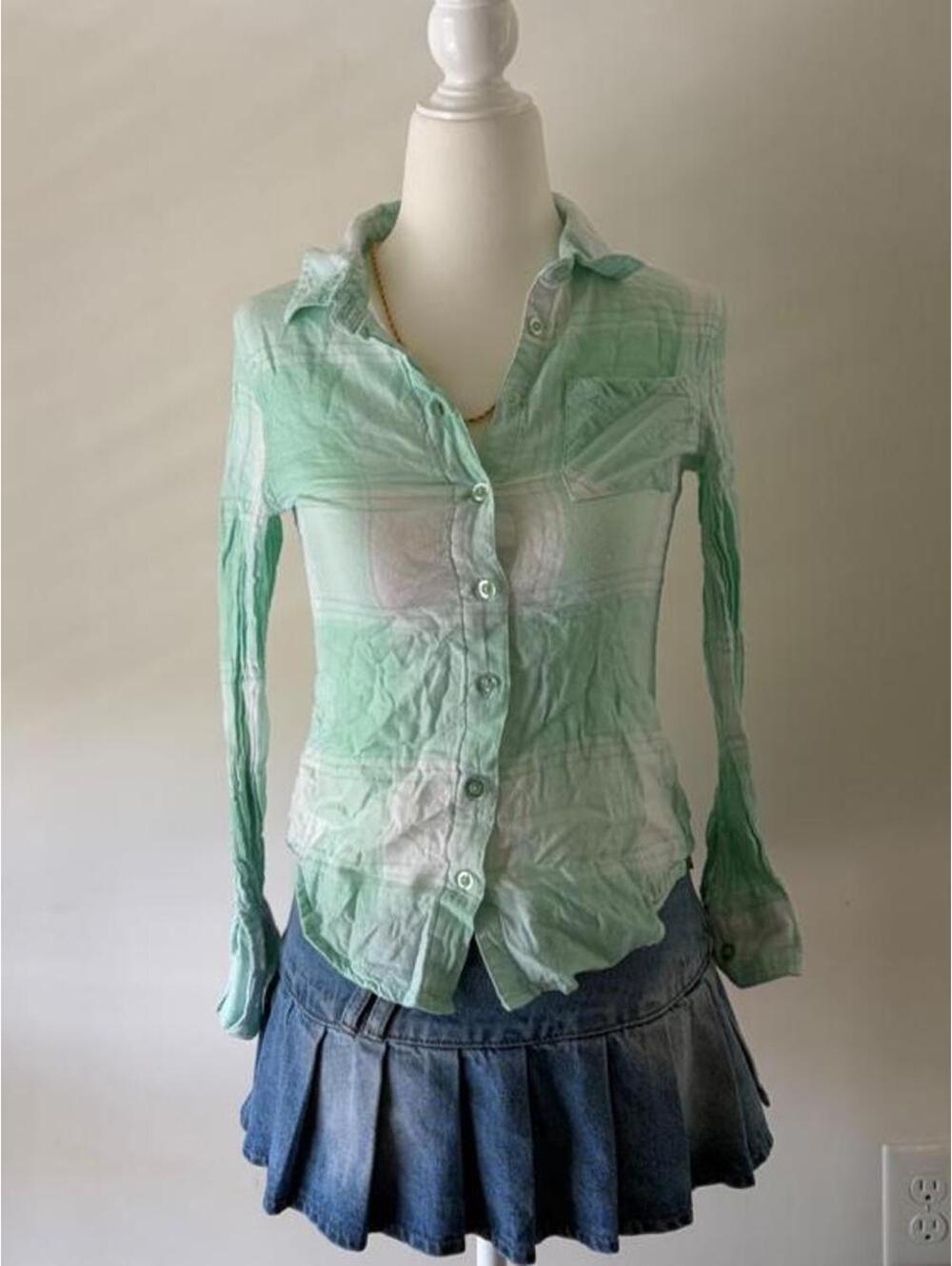 Y2K Justice Mint Green Plaid Ombre Button Up Shirt Vintage 2000s